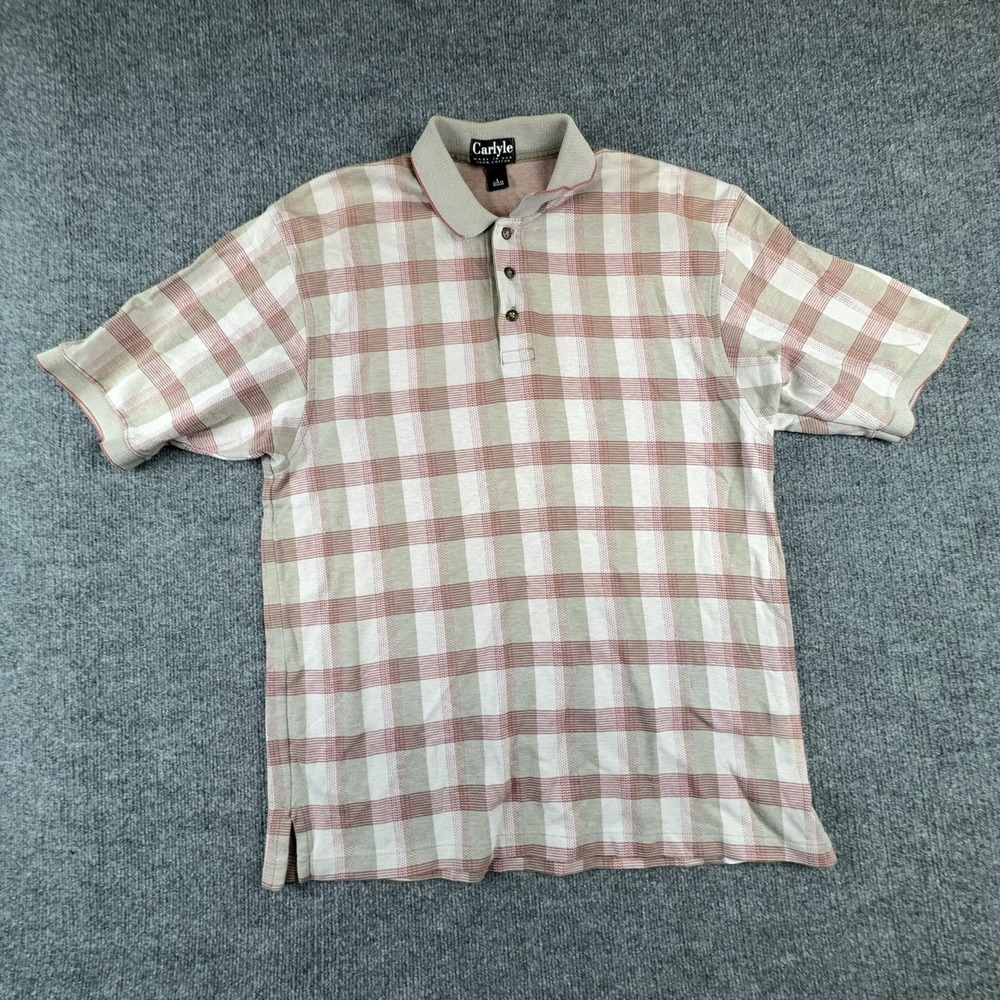 Vintage Carlyle Polo Shirt Mens Large Beige Plaid Cotton Knit Made USA Casual